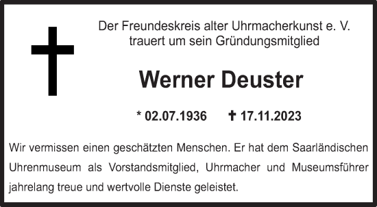 Todesanzeige von Werner Deuster von saarbruecker_zeitung