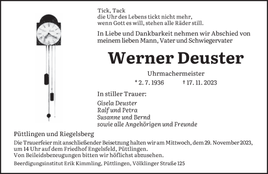 Todesanzeige von Werner Deuster von saarbruecker_zeitung