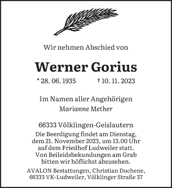 Todesanzeige von Werner Gorius von saarbruecker_zeitung