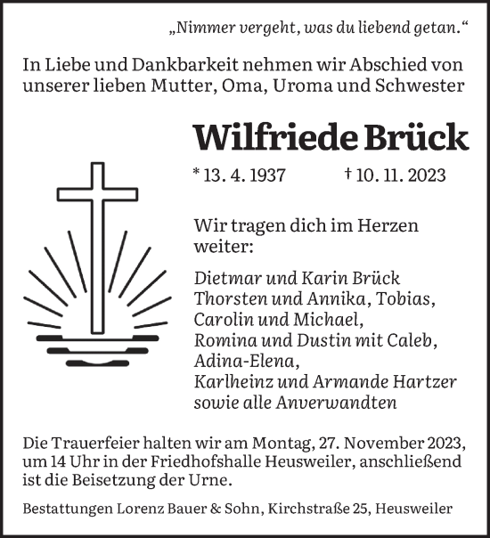 Todesanzeige von Wilfriede Brück von saarbruecker_zeitung