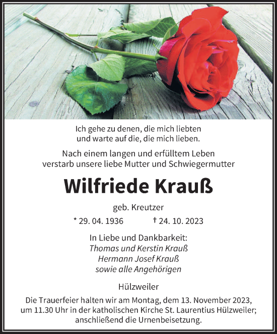 Todesanzeige von Wilfriede Krauß von saarbruecker_zeitung