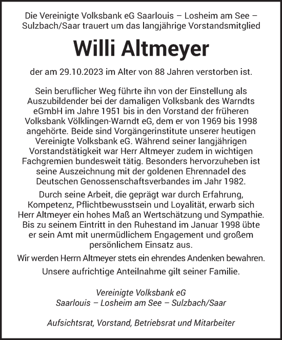 Todesanzeige von Willi Altmeyer von saarbruecker_zeitung