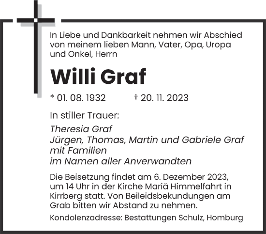 Todesanzeige von Willi Graf von saarbruecker_zeitung