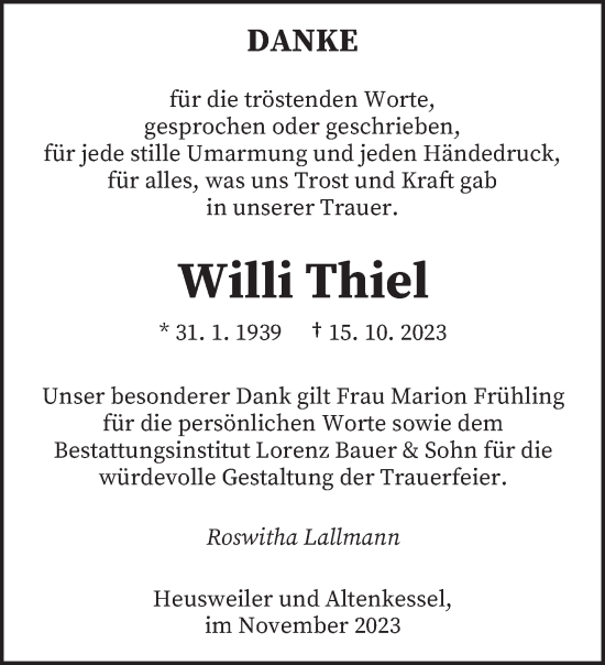 Todesanzeige von Willi Thiel von saarbruecker_zeitung