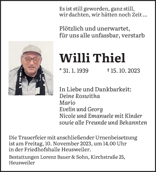 Todesanzeige von Willi Thiel von saarbruecker_zeitung