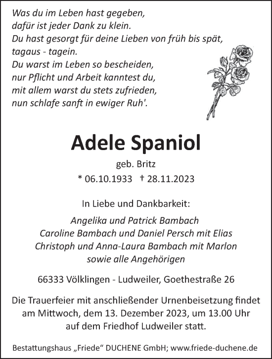 Todesanzeige von Adele Spaniol von saarbruecker_zeitung