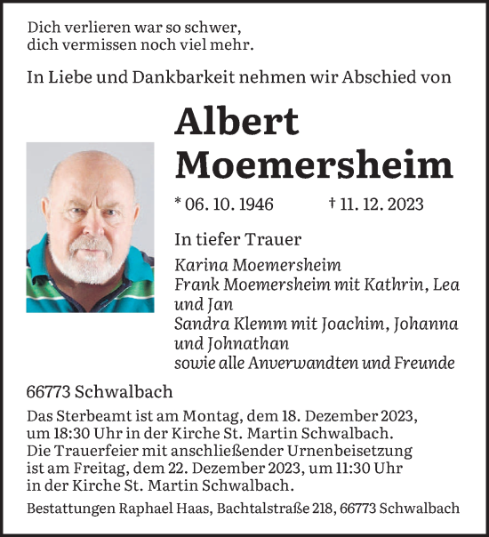 Todesanzeige von Albert Moemersheim von saarbruecker_zeitung