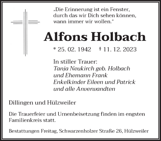 Todesanzeige von Alfons Holbach von saarbruecker_zeitung