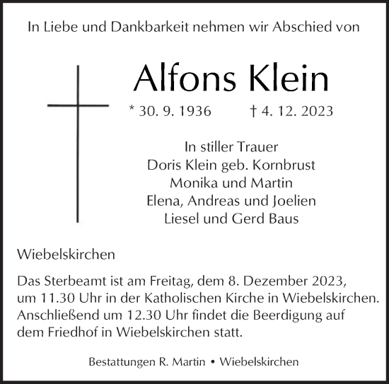 Todesanzeige von Alfons Klein von saarbruecker_zeitung