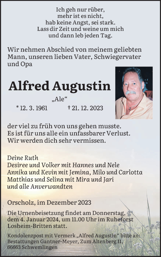 Todesanzeige von Alfred Augustin von saarbruecker_zeitung