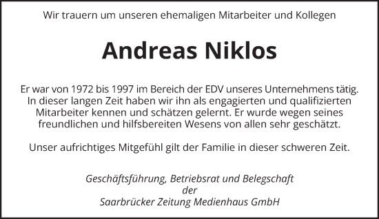 Todesanzeige von Andreas Niklos von saarbruecker_zeitung