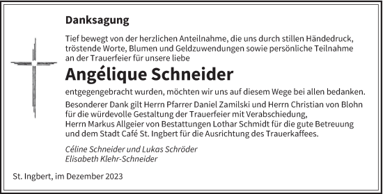 Todesanzeige von Angélique Schneider von saarbruecker_zeitung