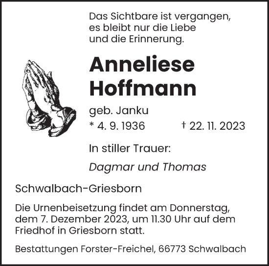 Todesanzeige von Anneliese Hoffmann von saarbruecker_zeitung