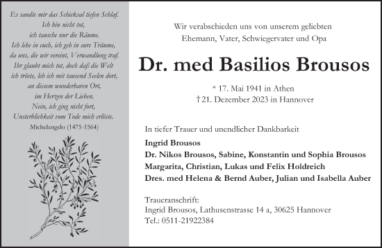 Todesanzeige von Basilios Brousos von saarbruecker_zeitung