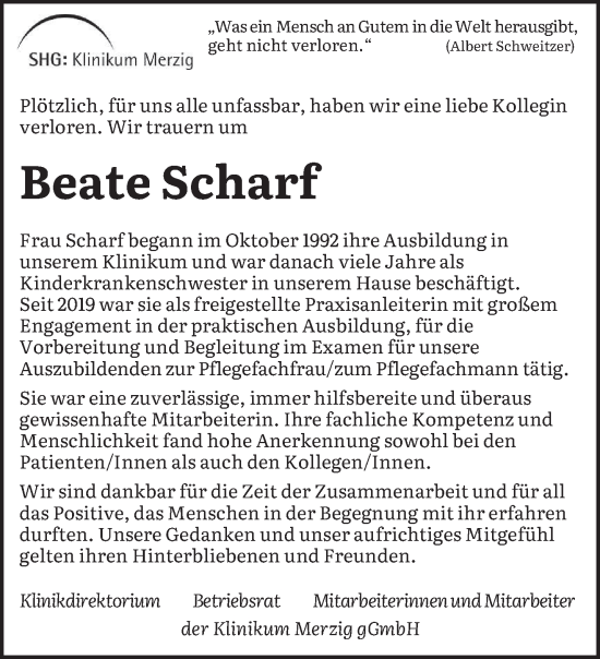 Todesanzeige von Beate Scharf von saarbruecker_zeitung