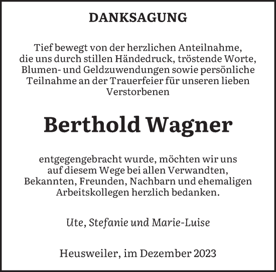 Todesanzeige von Berthold Wagner von saarbruecker_zeitung