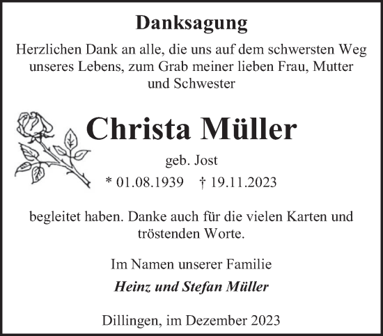 Todesanzeige von Christa Müller von saarbruecker_zeitung