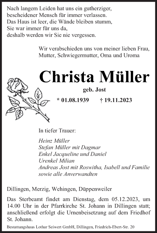 Todesanzeige von Christa Müller von saarbruecker_zeitung