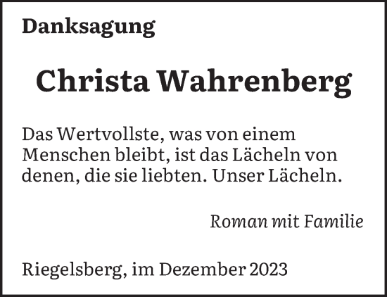 Todesanzeige von Christa Wahrenberg von saarbruecker_zeitung