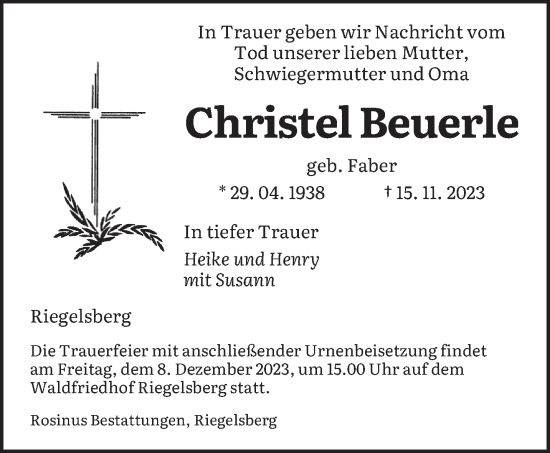 Todesanzeige von Christel Beuerle von saarbruecker_zeitung