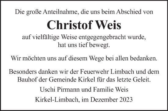 Todesanzeige von Christof Weis von saarbruecker_zeitung