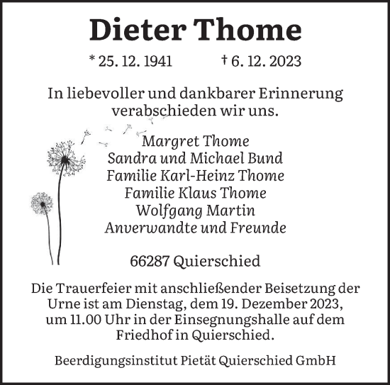 Todesanzeige von Dieter Thome von saarbruecker_zeitung