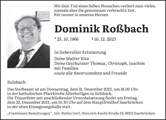 Todesanzeige von Dominik Roßbach von saarbruecker_zeitung