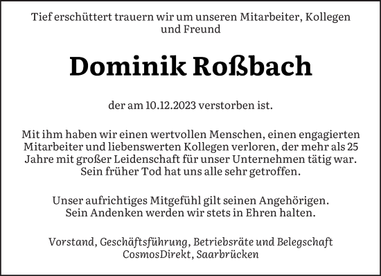 Todesanzeige von Dominik Roßbach von saarbruecker_zeitung