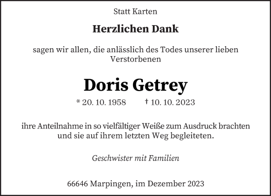 Todesanzeige von Doris Getrey von saarbruecker_zeitung