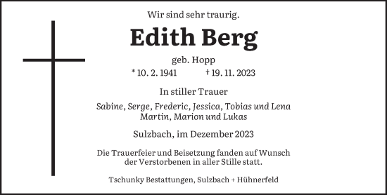 Todesanzeige von Edith Berg von saarbruecker_zeitung