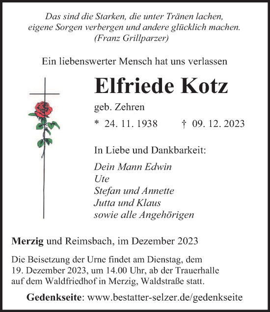 Todesanzeige von Elfriede Kotz von saarbruecker_zeitung