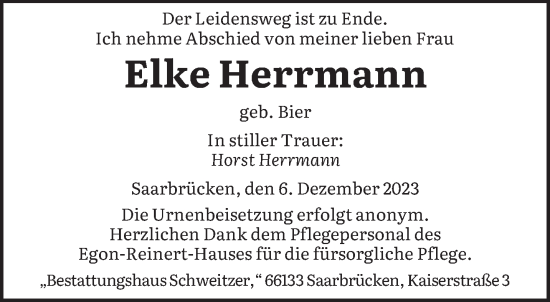 Todesanzeige von Elke Herrmann von saarbruecker_zeitung