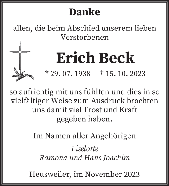 Todesanzeige von Erich Beck von saarbruecker_zeitung