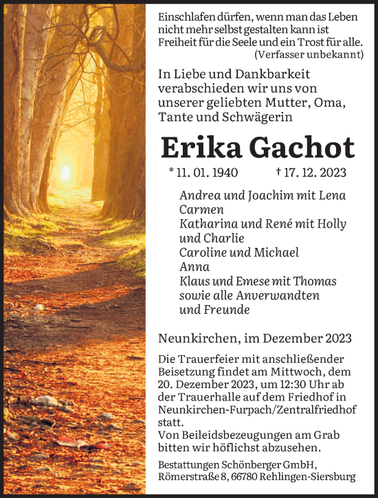 Todesanzeige von Erika Gachot von saarbruecker_zeitung