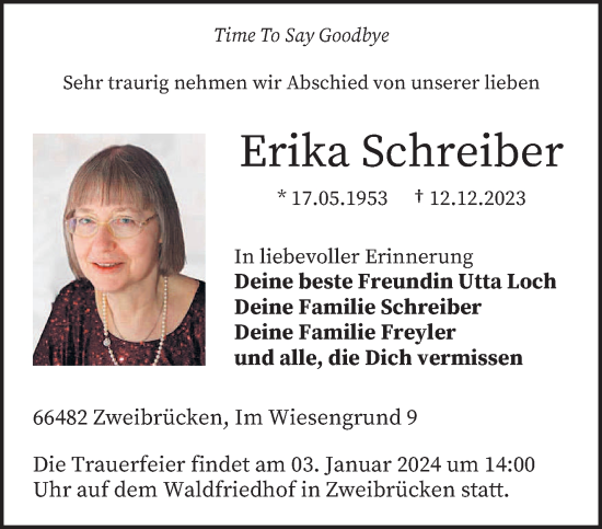 Todesanzeige von Erika Schreiber von saarbruecker_zeitung