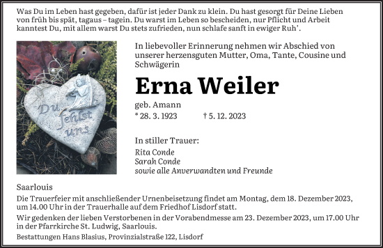 Todesanzeige von Erna Weiler von saarbruecker_zeitung