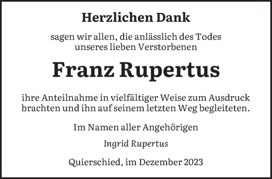 Todesanzeige von Franz Rupertus von saarbruecker_zeitung