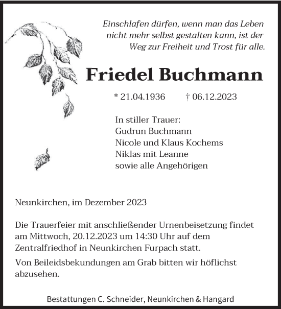 Todesanzeige von Friedel Buchmann von saarbruecker_zeitung