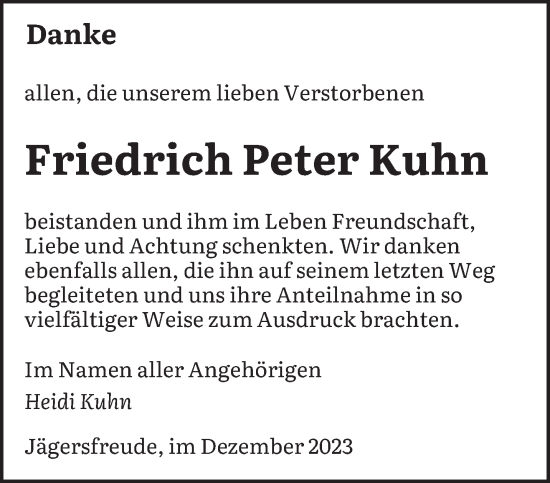 Todesanzeige von Friedrich Peter Kuhn von saarbruecker_zeitung