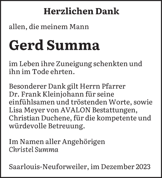 Todesanzeige von Gerd Summa von saarbruecker_zeitung