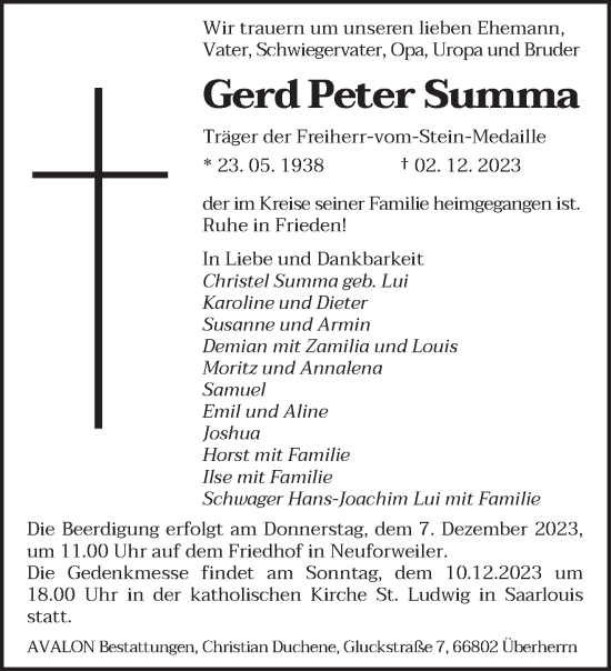 Todesanzeige von Gerd Peter Summa von saarbruecker_zeitung