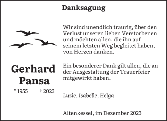 Todesanzeige von Gerhard Pansa von saarbruecker_zeitung