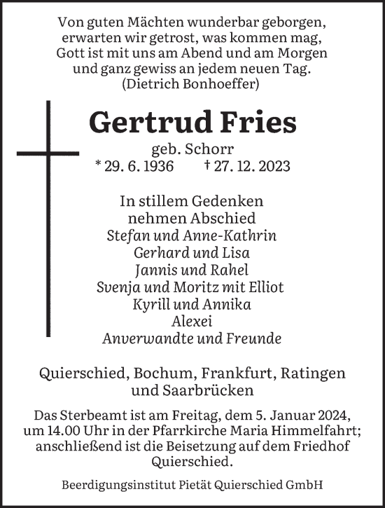 Todesanzeige von Gertrud Fries von saarbruecker_zeitung