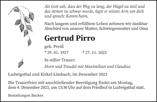 Todesanzeige von Gertrud Pirro von saarbruecker_zeitung