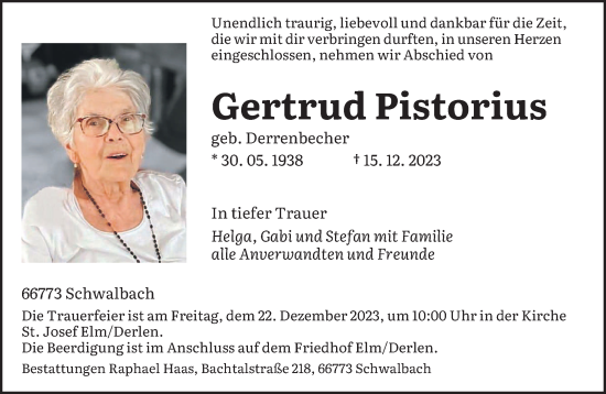 Todesanzeige von Gertrud Pistorius von saarbruecker_zeitung