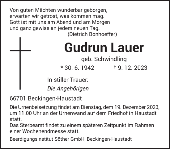 Todesanzeige von Gudrun Lauer von saarbruecker_zeitung