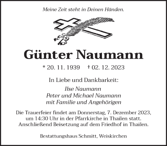 Todesanzeige von Günter Naumann von saarbruecker_zeitung