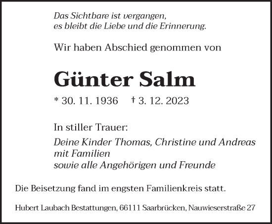 Todesanzeige von Günter Salm von saarbruecker_zeitung