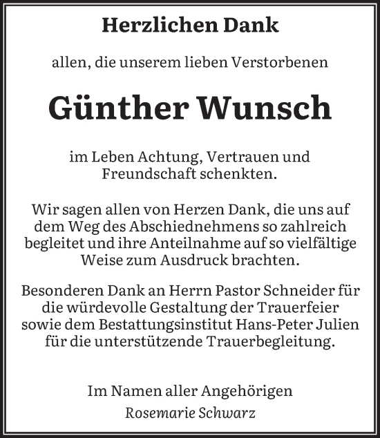 Todesanzeige von Günther Wunsch von saarbruecker_zeitung
