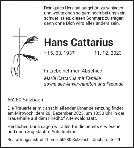 Todesanzeige von Hans Cattarius von saarbruecker_zeitung